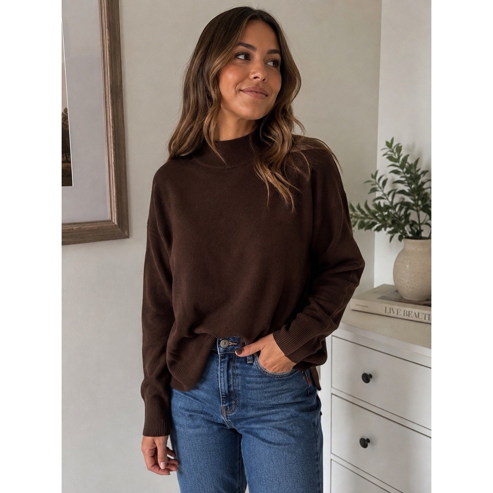 NEW Style & Co Women's Chocolate Brown Mock Neck Knit Pullover Sweater Large